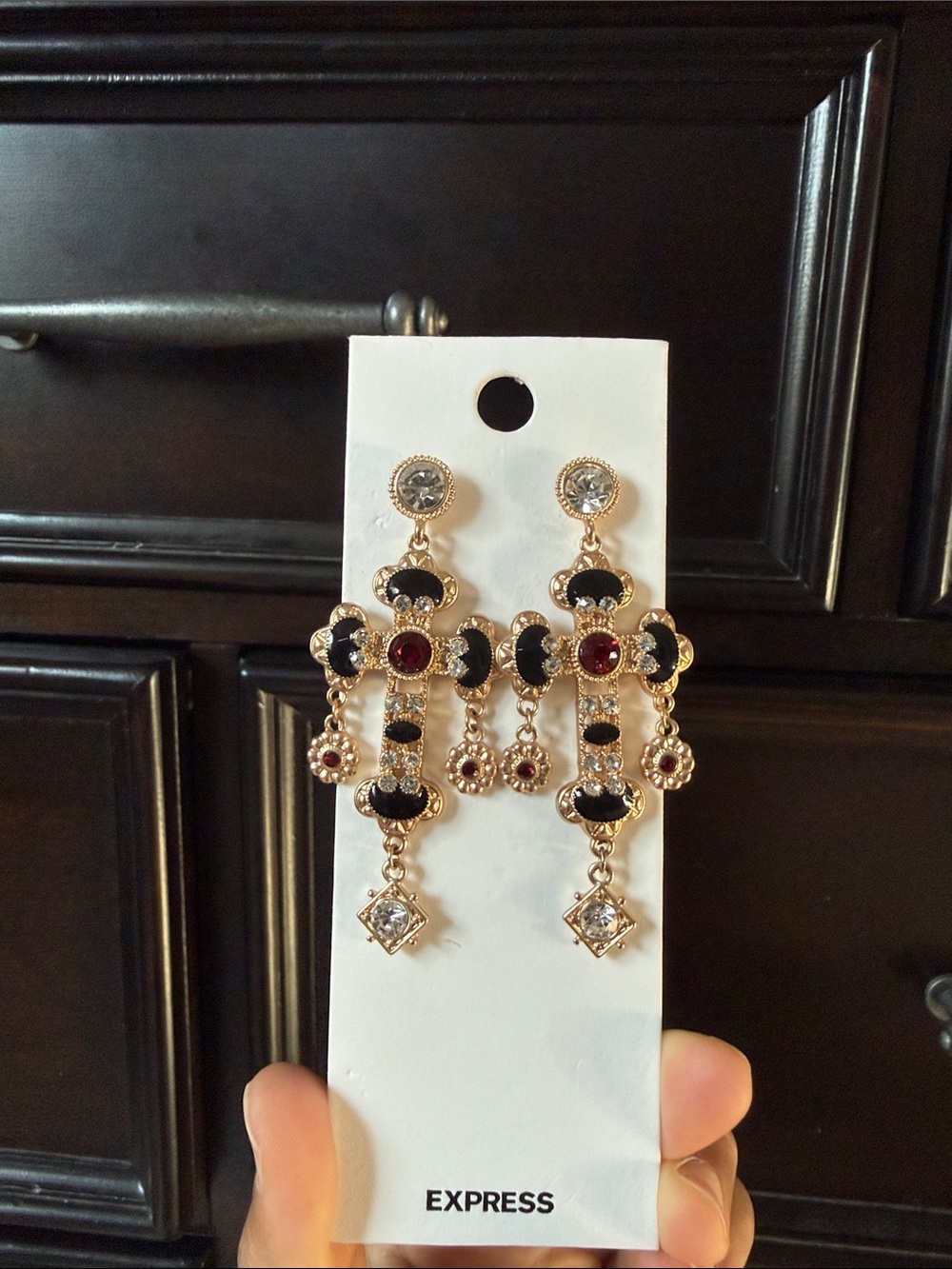 Express Gold-Tone Black, Red & Clear Chandelier Earrings